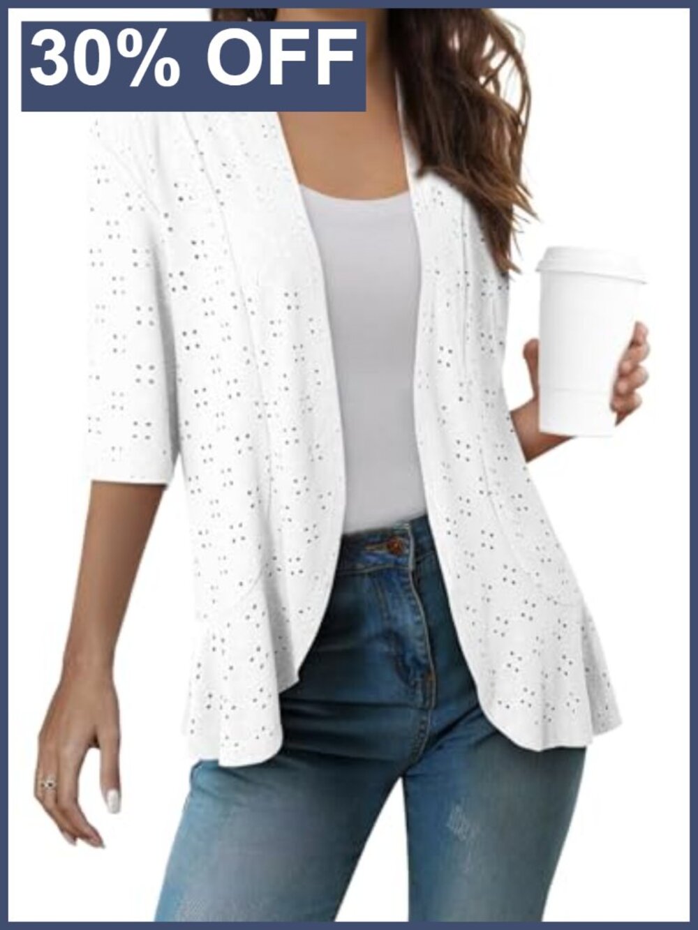 Lightweight Netted Knit Ruffle Half Sleeve Kimono Cardigan